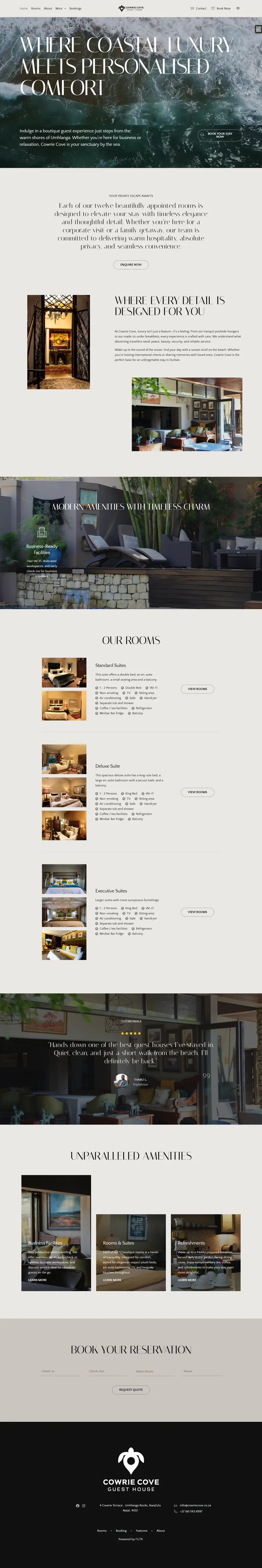 Full page design of the Cowrie Cove Guest House website built by FUTR Agency