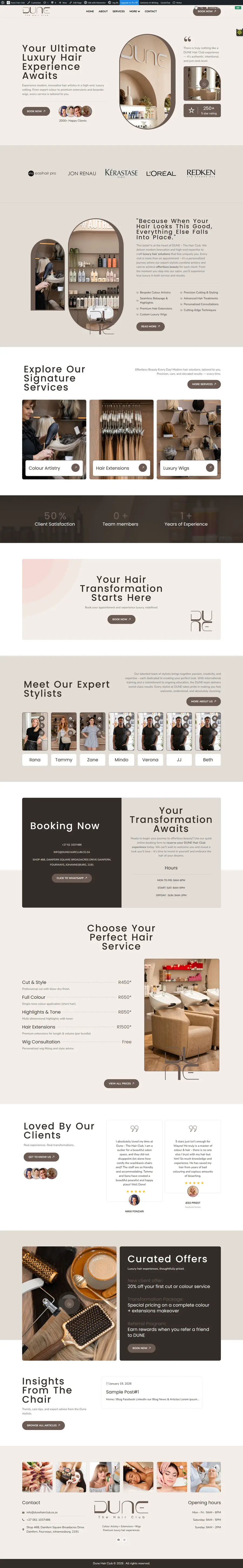Full page design of the Dune Hair Club website built by FUTR Agency