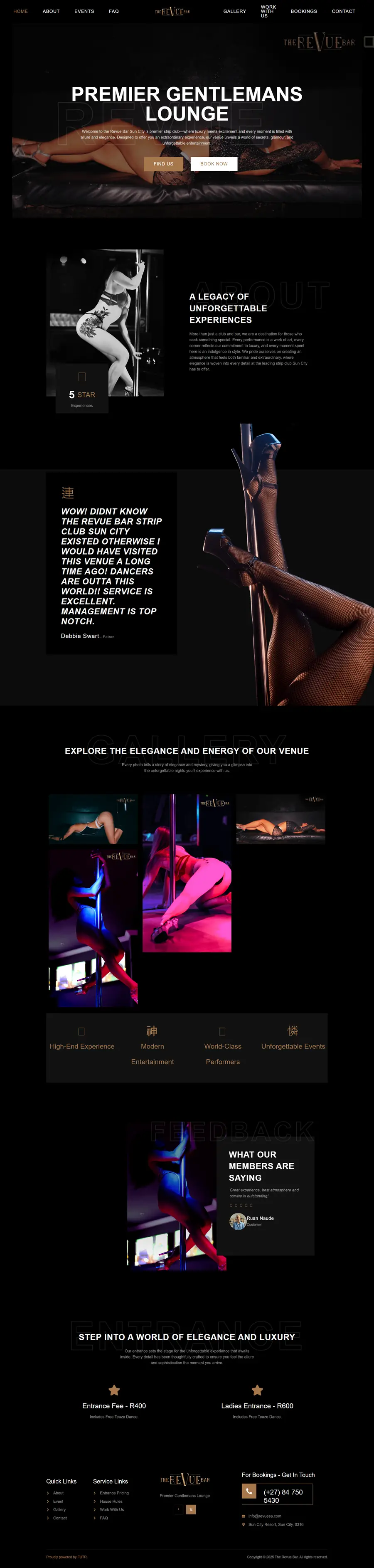 Full page design of the The Revue Bar website built by FUTR Agency