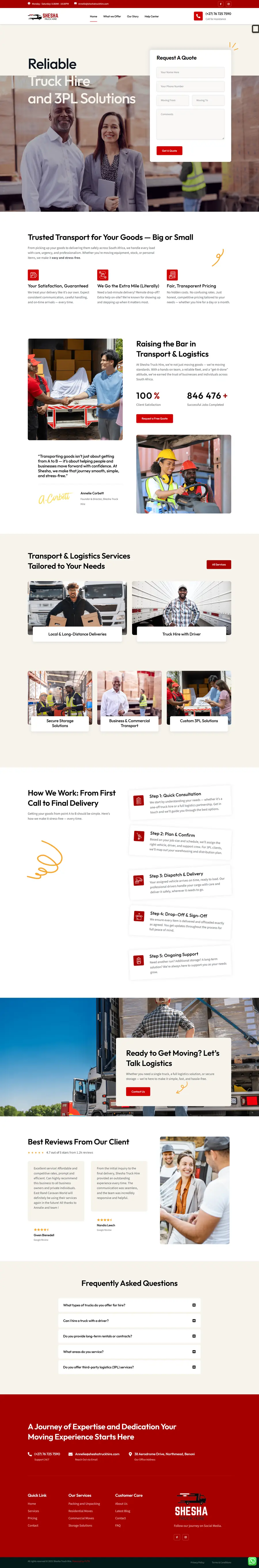 Full page design of the Shesha Truck Hire website built by FUTR Agency