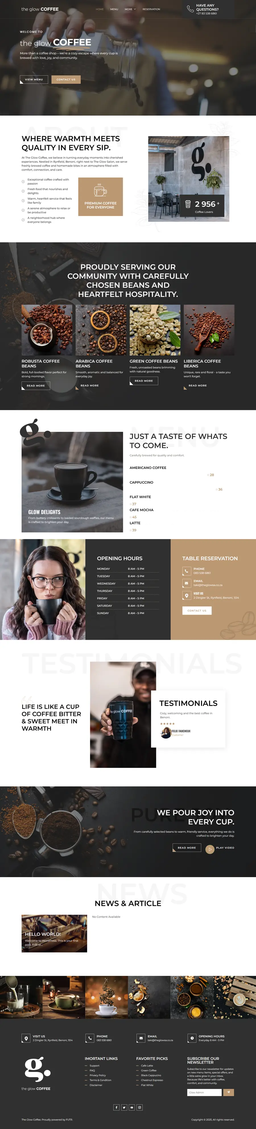 Full page design of the The Glow Coffee website built by FUTR Agency
